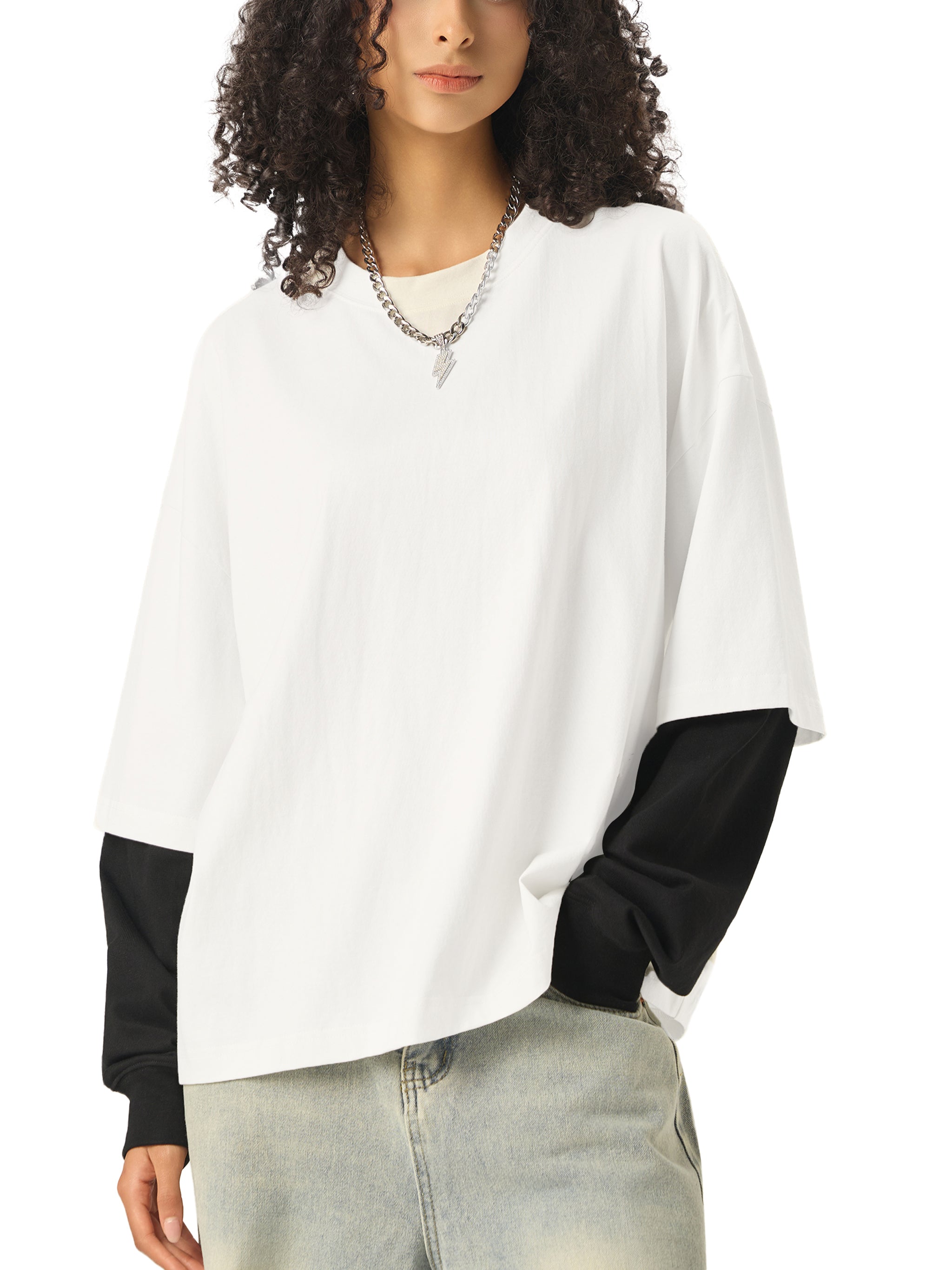 Layered Contrast Sleeve Cotton T-Shirt